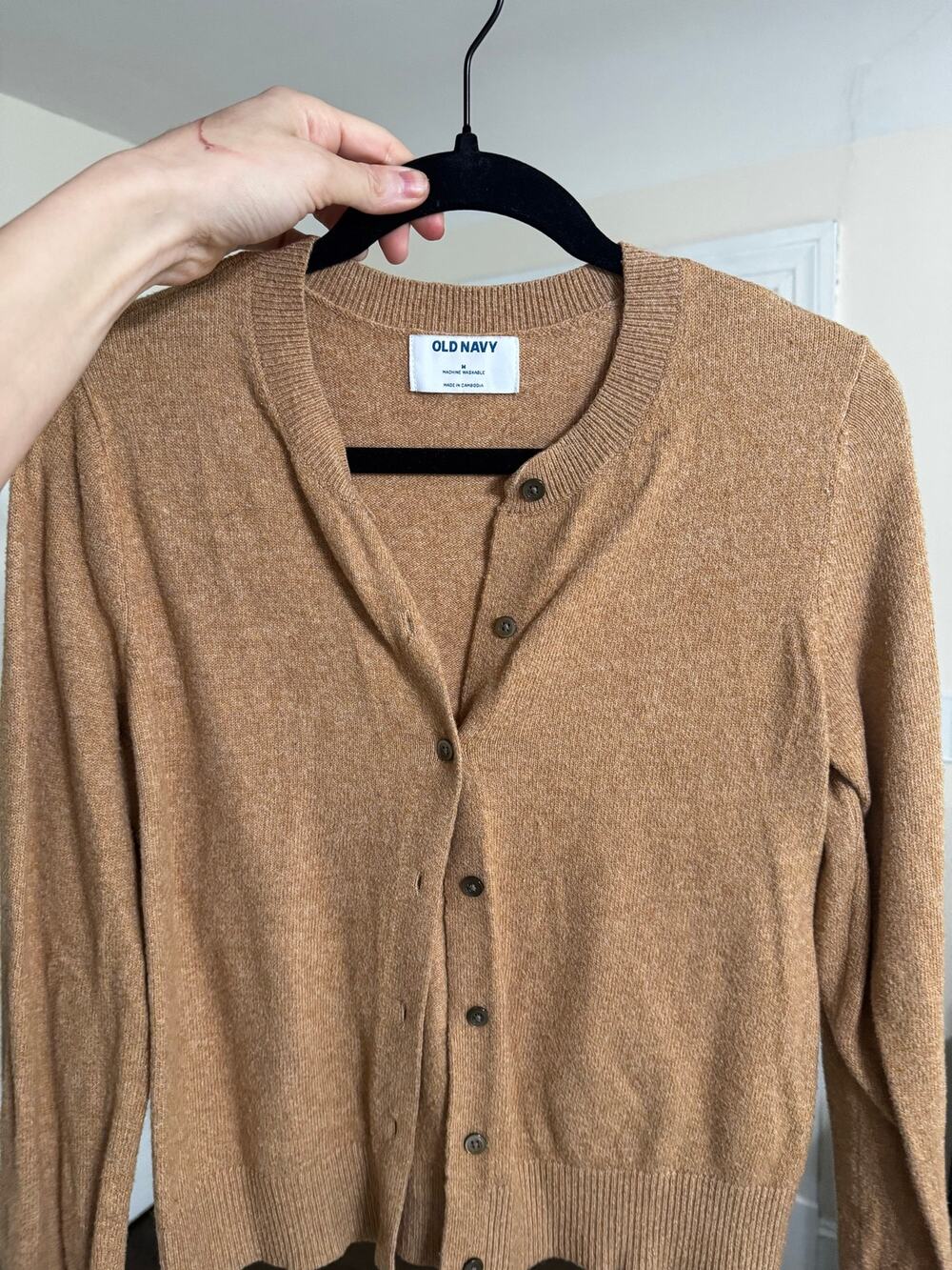Old Navy Heathered Camel Brown Button Front Crew Neck Cardigan Sweater